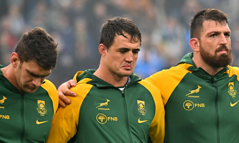 TURIN, ITALY - NOVEMBER 15: Players of South Africa line up during the National Anthems prior to the Quilter Nations Series 2025 match between Italy and South Africa at Allianz Stadium on November 15, 2025 in Turin, Italy. (Photo by Alessandro Sabattini/Getty Images)