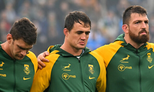 TURIN, ITALY - NOVEMBER 15: Players of South Africa line up during the National Anthems prior to the Quilter Nations Series 2025 match between Italy and South Africa at Allianz Stadium on November 15, 2025 in Turin, Italy. (Photo by Alessandro Sabattini/Getty Images)