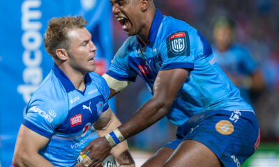 Bulls try-scoring machines. Paul de Wet and Canan Moodie of the Bulls celebrating a try against the Sharks in the URC (Photo by Anton Geyser/Gallo Images)