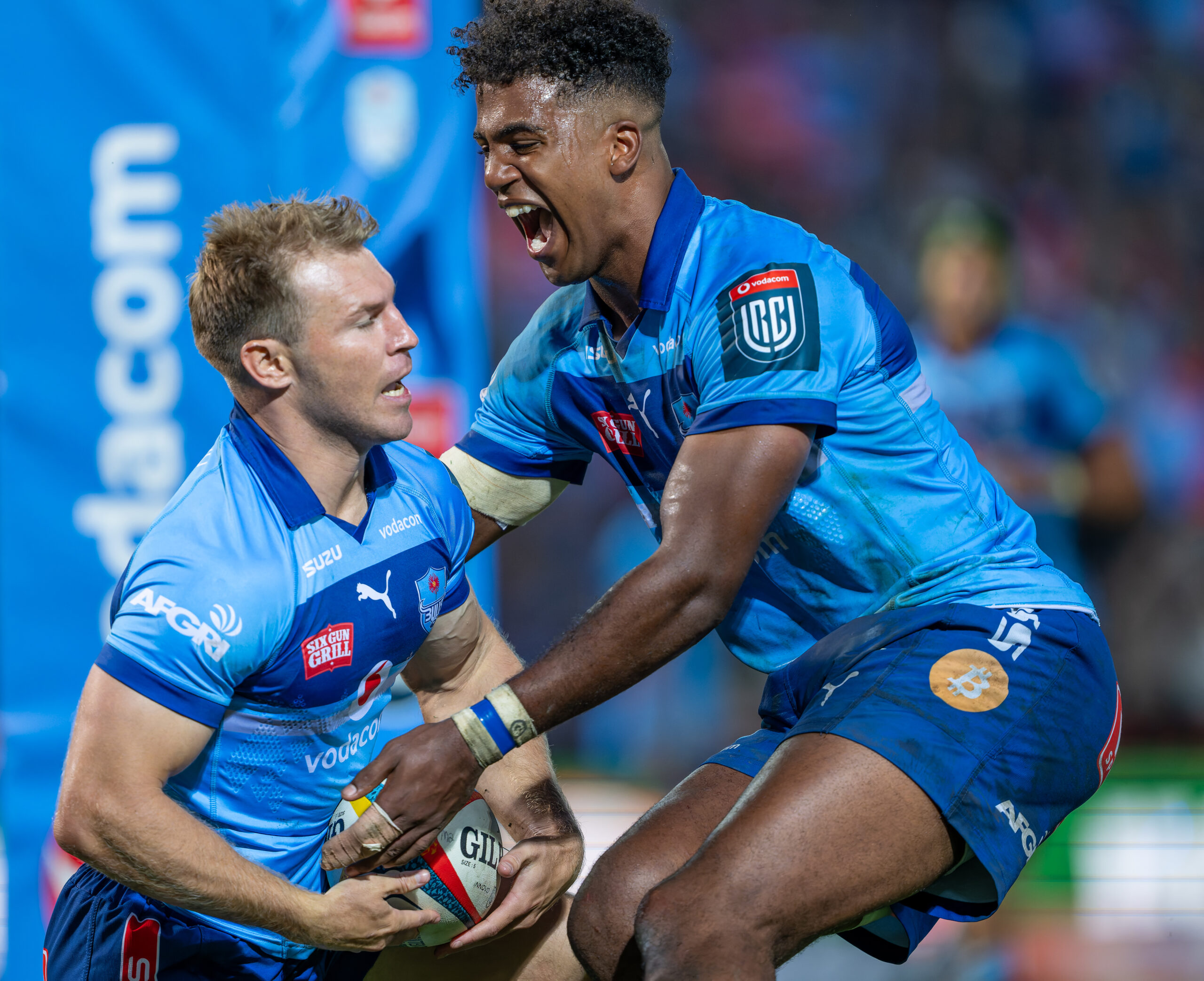 Bulls try-scoring machines. Paul de Wet and Canan Moodie of the Bulls celebrating a try against the Sharks in the URC (Photo by Anton Geyser/Gallo Images)