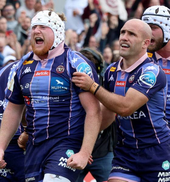 Bordeaux celebrate their Investec Champions Cup quarter-final win against fellow French giants Toulouse. Photo: ©INPHO/Billy Stickland