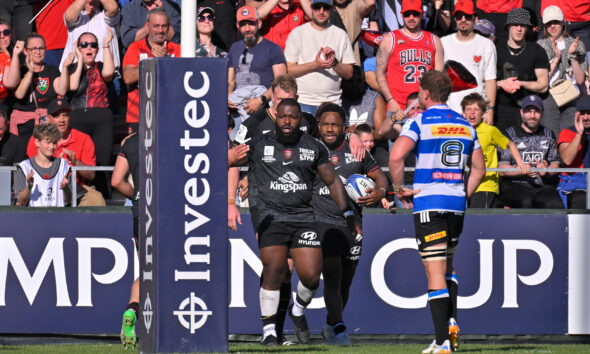 Investec Champions Cup Round of 16, Stade Mayol, Toulon, France 4/4/2026 RC Toulon vs DHL Stormers RC Toulon's Dany Priso celebrates after he scores his sides 4th try of the mach Photo: ©INPHO/Federico Pestellini