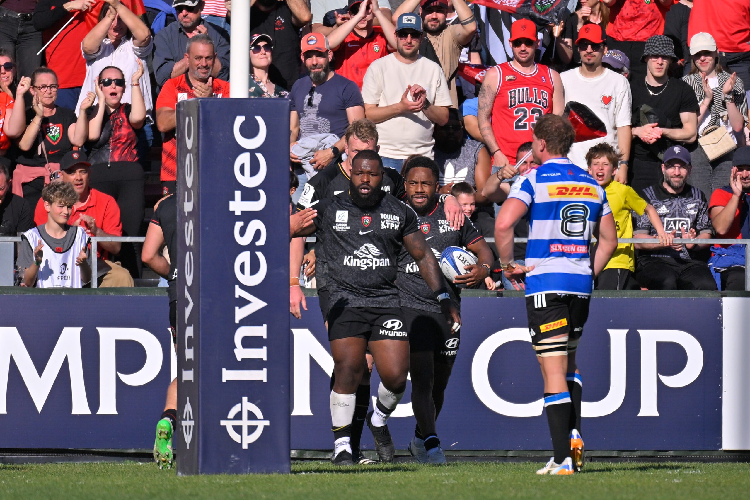 Investec Champions Cup Round of 16, Stade Mayol, Toulon, France 4/4/2026 RC Toulon vs DHL Stormers RC Toulon's Dany Priso celebrates after he scores his sides 4th try of the mach Photo: ©INPHO/Federico Pestellini