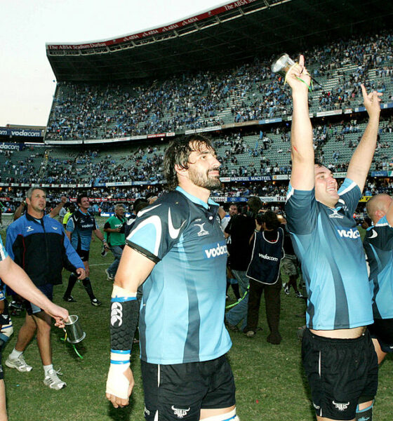 Bakkies Botha, Victor Matfield and Pedrie Wannenburg of the Bulls celebrate after the Super 14 Final match between the Sharks and the Bulls held at the Absa Stadium on May 19, 2007 in Durban, South Africa. (Photo by Duif du Toit/Gallo Images/Getty Images)