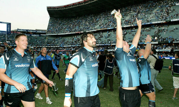 Bakkies Botha, Victor Matfield and Pedrie Wannenburg of the Bulls celebrate after the Super 14 Final match between the Sharks and the Bulls held at the Absa Stadium on May 19, 2007 in Durban, South Africa. (Photo by Duif du Toit/Gallo Images/Getty Images)