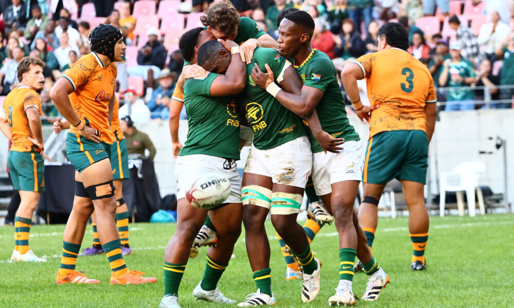 GQEBERHA, SOUTH AFRICA - MAY 03: South Africa celebrates Wasi Vyambwera of South Africa's try during the U20 Rugby Championship match between South Africa and Australia at Nelson Mandela Bay Stadium on May 03, 2026 in Gqeberha, South Africa. (Photo by Richard Huggard/Gallo Images