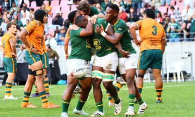 GQEBERHA, SOUTH AFRICA - MAY 03: South Africa celebrates Wasi Vyambwera of South Africa's try during the U20 Rugby Championship match between South Africa and Australia at Nelson Mandela Bay Stadium on May 03, 2026 in Gqeberha, South Africa. (Photo by Richard Huggard/Gallo Images