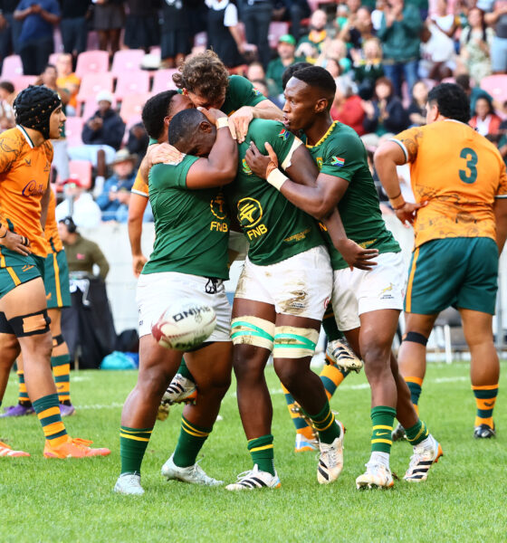 GQEBERHA, SOUTH AFRICA - MAY 03: South Africa celebrates Wasi Vyambwera of South Africa's try during the U20 Rugby Championship match between South Africa and Australia at Nelson Mandela Bay Stadium on May 03, 2026 in Gqeberha, South Africa. (Photo by Richard Huggard/Gallo Images