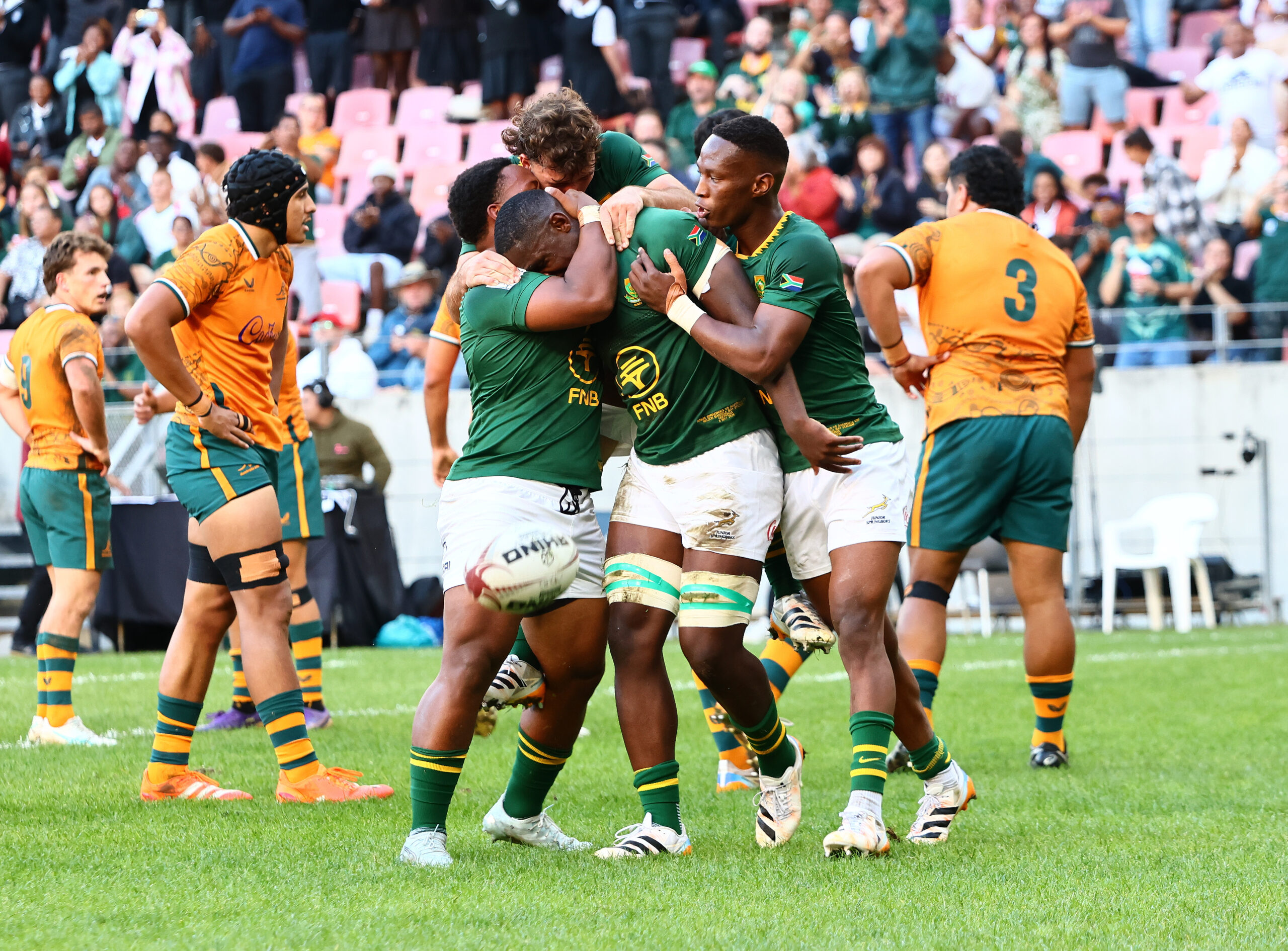 GQEBERHA, SOUTH AFRICA - MAY 03: South Africa celebrates Wasi Vyambwera of South Africa's try during the U20 Rugby Championship match between South Africa and Australia at Nelson Mandela Bay Stadium on May 03, 2026 in Gqeberha, South Africa. (Photo by Richard Huggard/Gallo Images