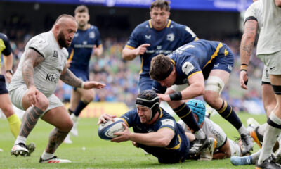 Investec Champions Cup Semi-Final, Aviva Stadium, Dublin 2/5/2026 Leinster vs RC Toulon Leinster’s Caelan Doris scores his side’s fourth try of the match Mandatory Credit ©INPHO/Laszlo Geczo