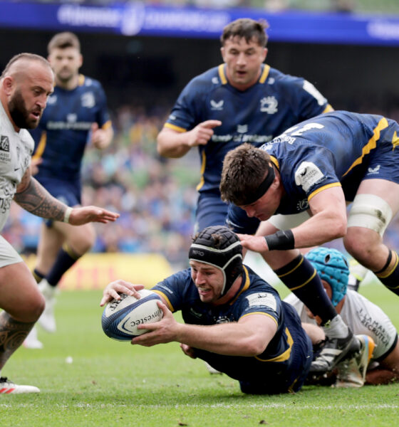 Investec Champions Cup Semi-Final, Aviva Stadium, Dublin 2/5/2026 Leinster vs RC Toulon Leinster’s Caelan Doris scores his side’s fourth try of the match Mandatory Credit ©INPHO/Laszlo Geczo