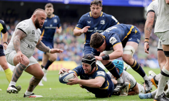 Investec Champions Cup Semi-Final, Aviva Stadium, Dublin 2/5/2026 Leinster vs RC Toulon Leinster’s Caelan Doris scores his side’s fourth try of the match Mandatory Credit ©INPHO/Laszlo Geczo