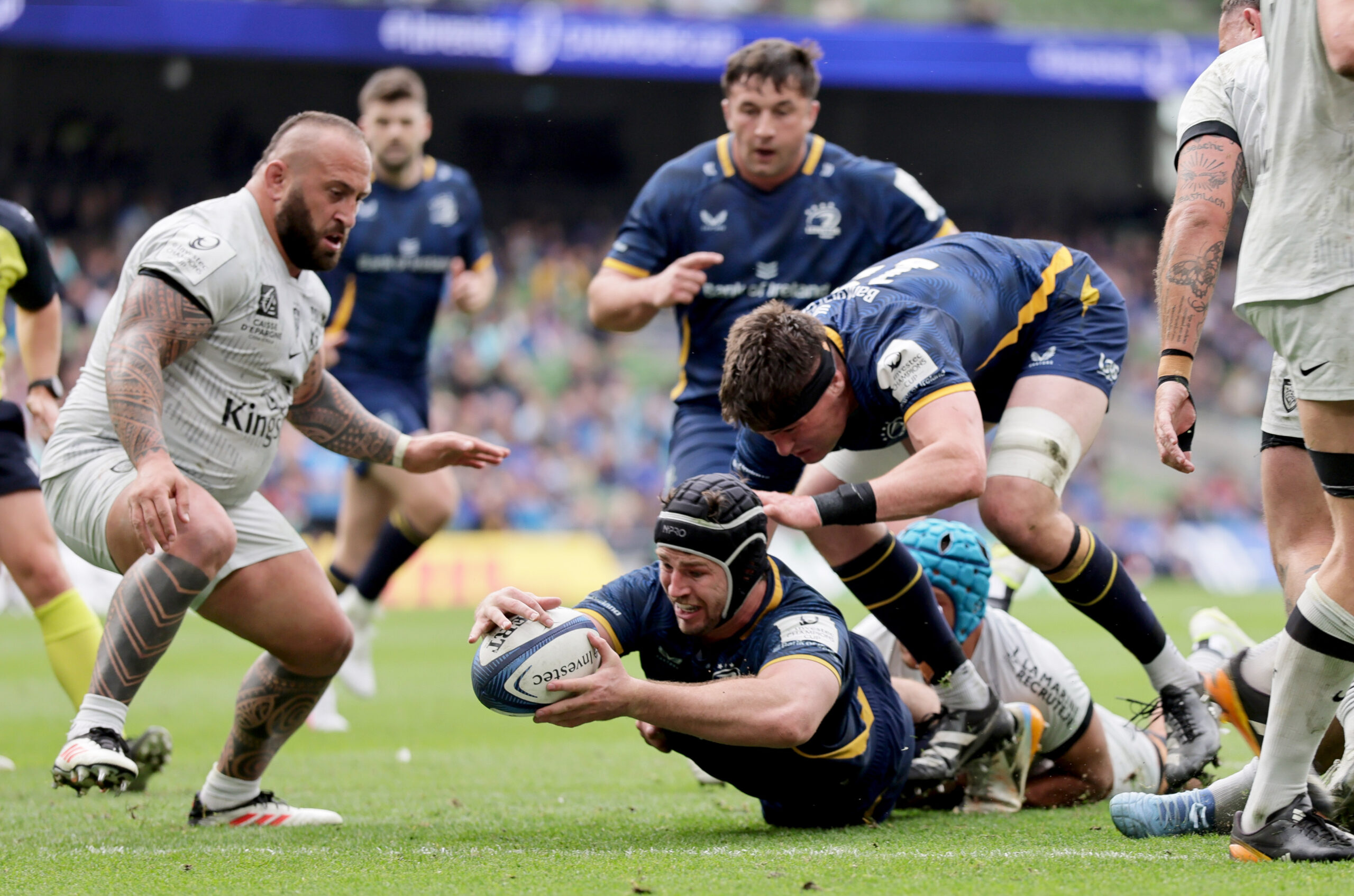 Investec Champions Cup Semi-Final, Aviva Stadium, Dublin 2/5/2026 Leinster vs RC Toulon Leinster’s Caelan Doris scores his side’s fourth try of the match Mandatory Credit ©INPHO/Laszlo Geczo