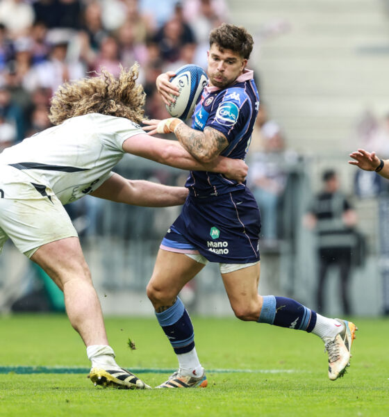 nvestec Champions Cup Semi-Final, Stade Atlantique Bordeaux Metropole, Bordeaux, France 3/5/2026 Union Bordeaux-Begles vs Bath Rugby Union Bordeaux Bègles' Matthieu Jalibert is tackled by Alfie Barbeary of Bath Mandatory Credit ©INPHO/Dan Sheridan