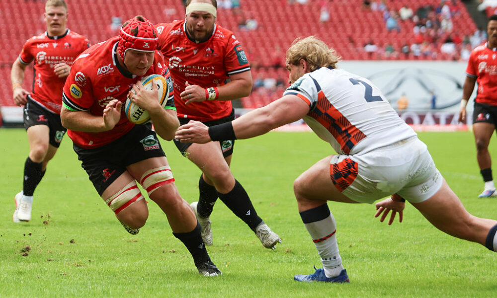 Francke Horn of Fidelity SecureDrive Lions in action with Dylan Richardson of Edinburgh during the United Rugby Championship match between Fidelity SecureDrive Lions and Edinburgh at Ellis Park on March 21, 2026 in Johannesburg, South Africa. (Photo by Gallo Images/Getty Images)