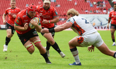 Francke Horn of Fidelity SecureDrive Lions in action with Dylan Richardson of Edinburgh during the United Rugby Championship match between Fidelity SecureDrive Lions and Edinburgh at Ellis Park on March 21, 2026 in Johannesburg, South Africa. (Photo by Gallo Images/Getty Images)