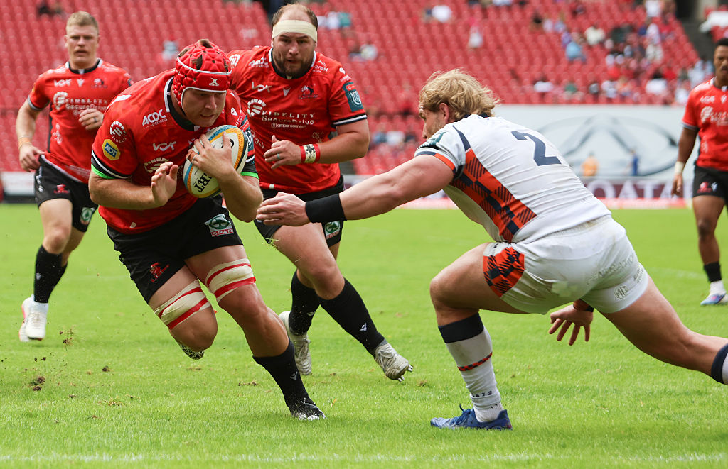 Francke Horn of Fidelity SecureDrive Lions in action with Dylan Richardson of Edinburgh during the United Rugby Championship match between Fidelity SecureDrive Lions and Edinburgh at Ellis Park on March 21, 2026 in Johannesburg, South Africa. (Photo by Gallo Images/Getty Images)