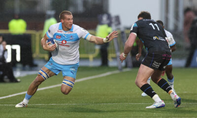 Cameron Hanekom of Vodacom Bulls is tackled by Ollie Smith of Glasgow Warriors during the Investec Champions Cup match between Glasgow Warriors and Vodacom Bulls at Scotstoun Stadium on April 04, 2026 in Glasgow, Scotland. (Photo by Ian MacNicol/Getty Images)