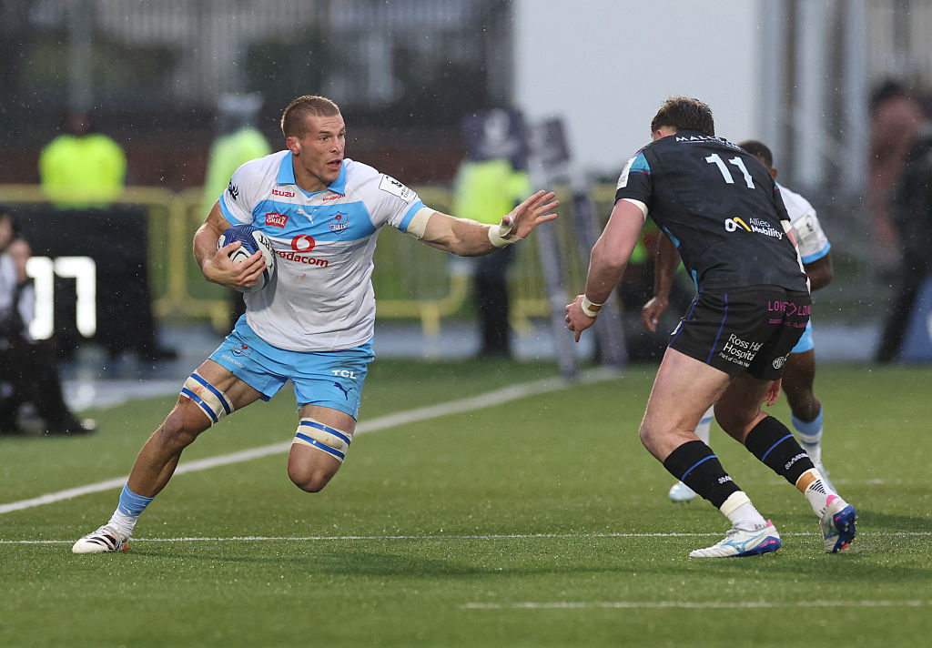 Cameron Hanekom of Vodacom Bulls is tackled by Ollie Smith of Glasgow Warriors during the Investec Champions Cup match between Glasgow Warriors and Vodacom Bulls at Scotstoun Stadium on April 04, 2026 in Glasgow, Scotland. (Photo by Ian MacNicol/Getty Images)