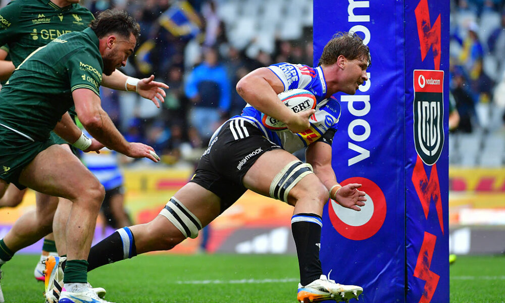 Evan Roos of DHL Stormers scores a try during the United Rugby Championship match between DHL Stormers and Connacht at DHL Stadium on April 18, 2026 in Cape Town, South Africa. (Photo by Grant Pitcher/Gallo Images/Getty Images)