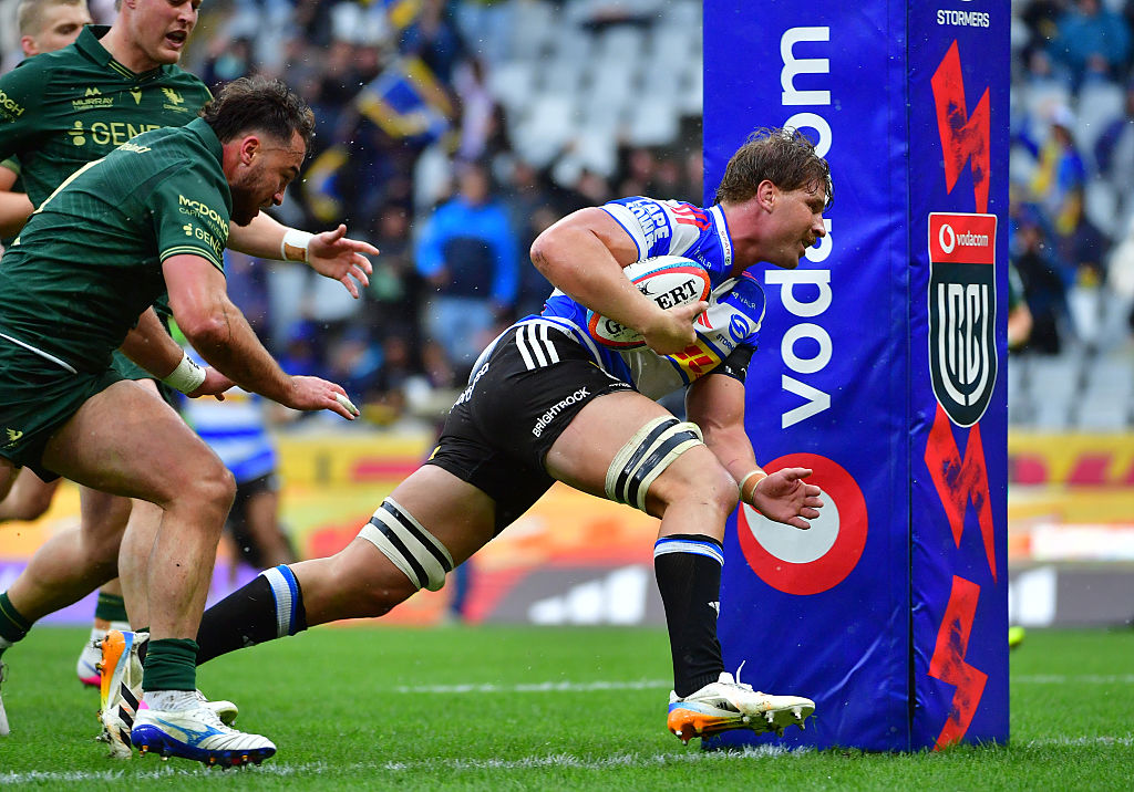 Evan Roos of DHL Stormers scores a try during the United Rugby Championship match between DHL Stormers and Connacht at DHL Stadium on April 18, 2026 in Cape Town, South Africa. (Photo by Grant Pitcher/Gallo Images/Getty Images)