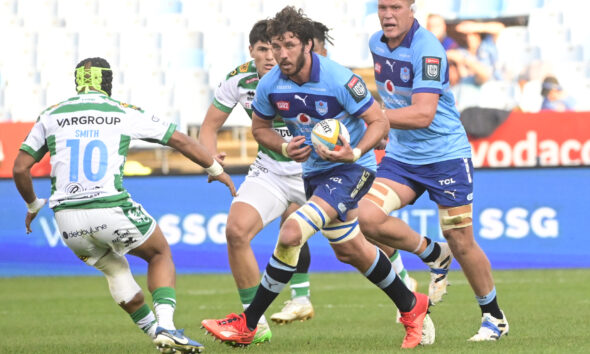 Ruan Nortje of the Bulls with the ball during the United Rugby Championship match between Vodacom Bulls and Benetton at Loftus Versfeld on May 16, 2026 in Pretoria, South Africa. (Photo by Sydney Seshibedi/Gallo Images