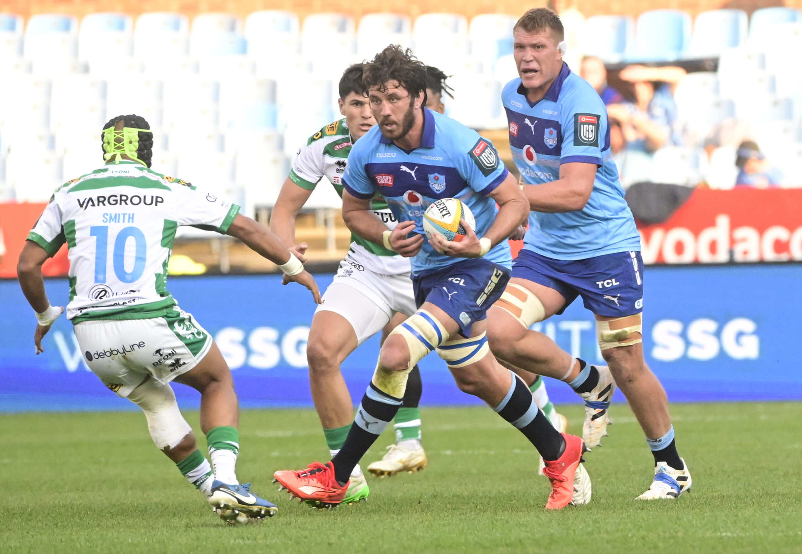 Ruan Nortje of the Bulls with the ball during the United Rugby Championship match between Vodacom Bulls and Benetton at Loftus Versfeld on May 16, 2026 in Pretoria, South Africa. (Photo by Sydney Seshibedi/Gallo Images