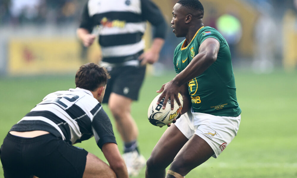 GQEBERHA, SOUTH AFRICA - JUNE 20: Vusi Moyo of South Africa passes during the YesPlay Cup match between South Africa and Barbarians at Nelson Mandela Bay Stadium on June 20, 2026 in Gqeberha, South Africa. (Photo by Richard Huggard/Gallo Images)