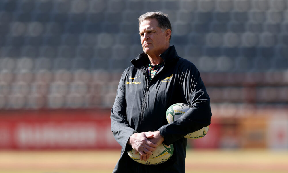 Rassie Erasmus, the South Africa Springbok head coach, looks on during the South Africa training session at Johannesburg Stadium on July 08, 2026 in Johannesburg, South Africa. (Photo by David Rogers/Getty Images)