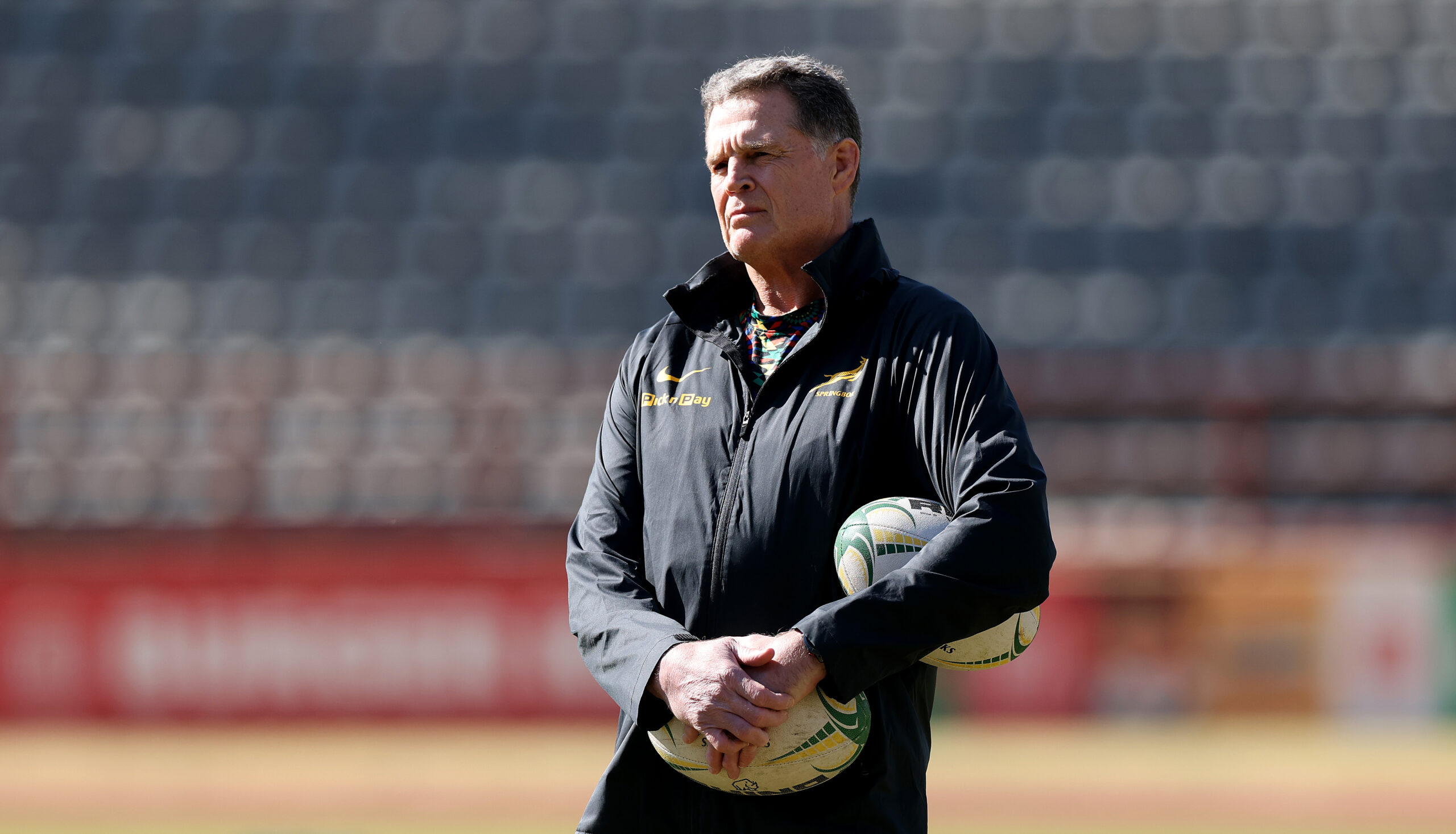Rassie Erasmus, the South Africa Springbok head coach, looks on during the South Africa training session at Johannesburg Stadium on July 08, 2026 in Johannesburg, South Africa. (Photo by David Rogers/Getty Images)