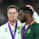 : Rassie Erasmus, Head Coach of South Africa talks to Siya Kolisi of South Africa after victory in the Rugby World Cup 2019 Final between England and South Africa at International Stadium Yokohama on November 02, 2019 in Yokohama, Kanagawa, Japan. (Photo by Cameron Spencer/Getty Images)