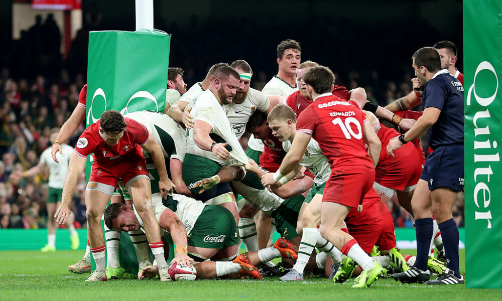 CARDIFF, WALES - NOVEMBER 29: Jasper Wiese of South Africa scores his team's third try during the Quilter Nations Series 2025 rugby international match between Wales and South Africa at Principality Stadium on November 29, 2025 in Cardiff, Wales. (Photo by Dan Mullan/Getty Images)