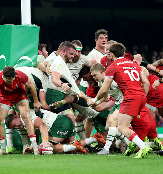 CARDIFF, WALES - NOVEMBER 29: Jasper Wiese of South Africa scores his team's third try during the Quilter Nations Series 2025 rugby international match between Wales and South Africa at Principality Stadium on November 29, 2025 in Cardiff, Wales. (Photo by Dan Mullan/Getty Images)