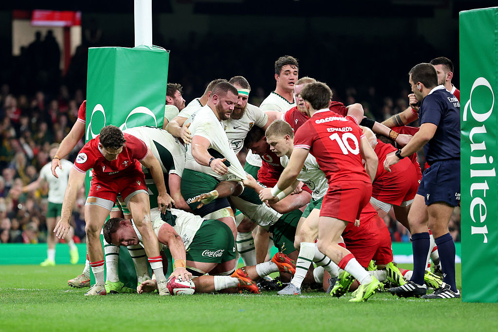 CARDIFF, WALES - NOVEMBER 29: Jasper Wiese of South Africa scores his team's third try during the Quilter Nations Series 2025 rugby international match between Wales and South Africa at Principality Stadium on November 29, 2025 in Cardiff, Wales. (Photo by Dan Mullan/Getty Images)
