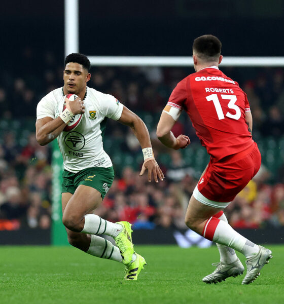 Sacha Feinberg-Mngomezulu of South Africa takes on Joe Roberts during the Quilter Nations Series 2025 rugby international match between Wales and South Africa at Principality Stadium on November 29, 2025 in Cardiff, Wales. (Photo by David Rogers/Getty Images)