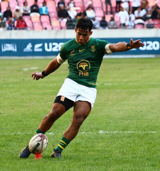 Yaqeen Ahmed of South Africa converts a try during the U20 Rugby Championship match between South Africa and New Zealand at Nelson Mandela Bay Stadium on May 09, 2026 in Gqeberha, South Africa. (Photo by Richard Huggard/Gallo Images/Getty Images)