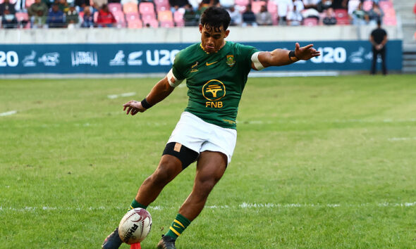 Yaqeen Ahmed of South Africa converts a try during the U20 Rugby Championship match between South Africa and New Zealand at Nelson Mandela Bay Stadium on May 09, 2026 in Gqeberha, South Africa. (Photo by Richard Huggard/Gallo Images/Getty Images)