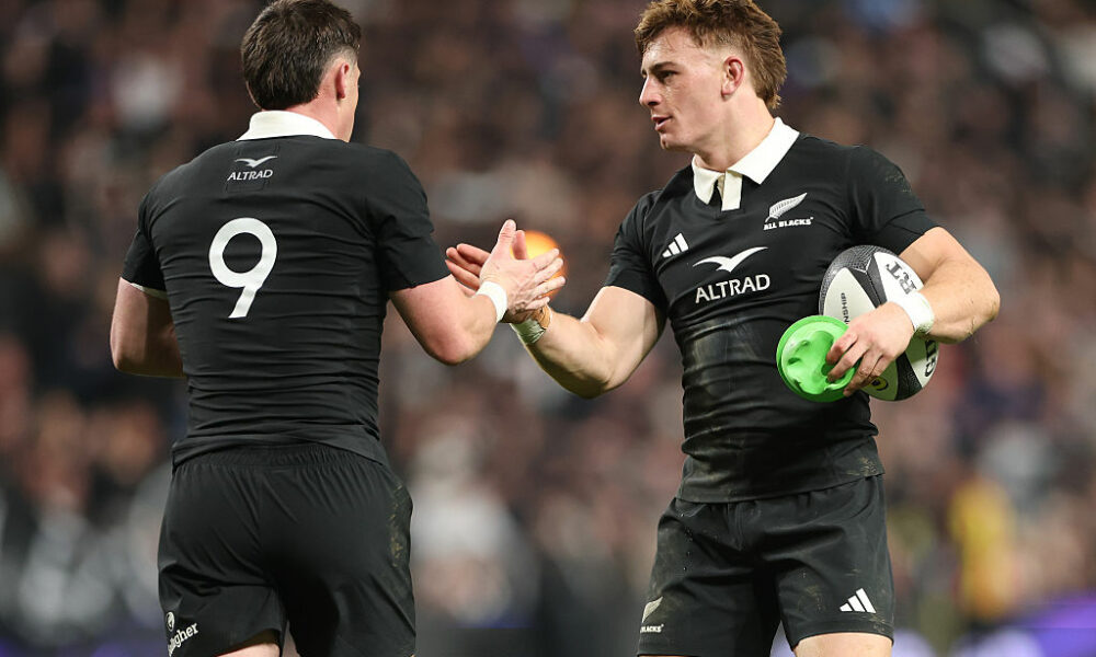 Cam Roigard (L) and Ruben Love (R) of the New Zealand All Blacks during the Nations Championship match between New Zealand All Blacks and France at One New Zealand Stadium, on July 04, 2026 in Christchurch, New Zealand. (Photo by Phil Walter/Getty Images)