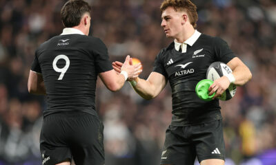 Cam Roigard (L) and Ruben Love (R) of the New Zealand All Blacks during the Nations Championship match between New Zealand All Blacks and France at One New Zealand Stadium, on July 04, 2026 in Christchurch, New Zealand. (Photo by Phil Walter/Getty Images)