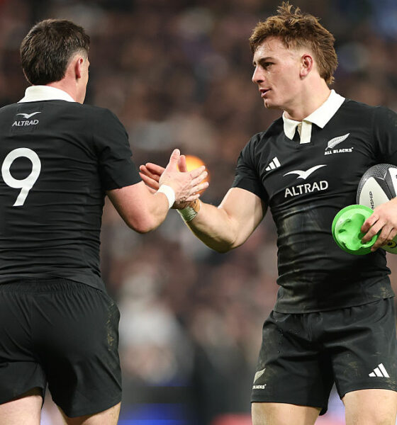Cam Roigard (L) and Ruben Love (R) of the New Zealand All Blacks during the Nations Championship match between New Zealand All Blacks and France at One New Zealand Stadium, on July 04, 2026 in Christchurch, New Zealand. (Photo by Phil Walter/Getty Images)