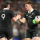 Cam Roigard (L) and Ruben Love (R) of the New Zealand All Blacks during the Nations Championship match between New Zealand All Blacks and France at One New Zealand Stadium, on July 04, 2026 in Christchurch, New Zealand. (Photo by Phil Walter/Getty Images)