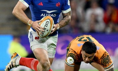 Matthieu Jalibert of France makes a break during the Nations Championship match between Australia Wallabies and France at Suncorp Stadium on July 11, 2026 in Brisbane, Australia. (Photo by Bradley Kanaris/Getty Images)