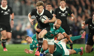 Damian McKenzie of the New Zealand All Blacks makes a break during the Nations Championship match between New Zealand All Blacks and Ireland at Eden Park on July 18, 2026 in Auckland, New Zealand. (Photo by Phil Walter/Getty Images)