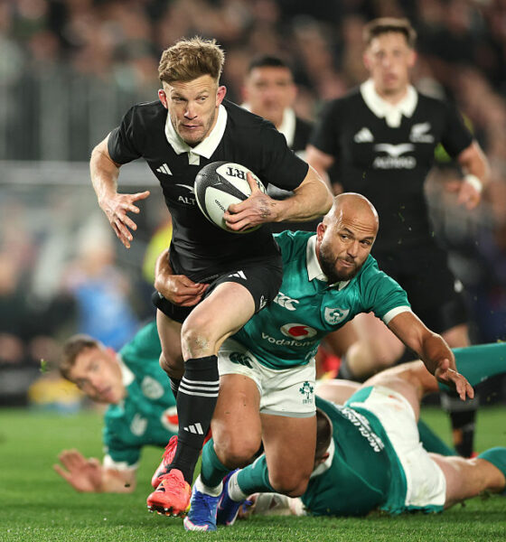 Damian McKenzie of the New Zealand All Blacks makes a break during the Nations Championship match between New Zealand All Blacks and Ireland at Eden Park on July 18, 2026 in Auckland, New Zealand. (Photo by Phil Walter/Getty Images)