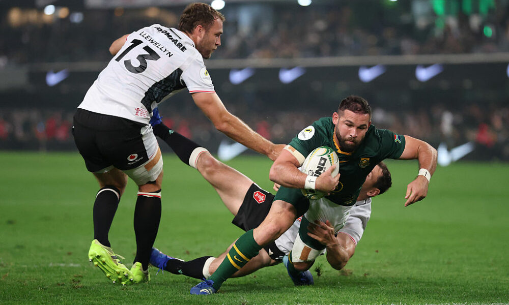 Cobus Reinach of South Africa scores his team's second try during the 2026 Nations Championship match between South Africa and Wales at Kings Park Stadium on July 18, 2026 in Durban, South Africa. (Photo by David Rogers/Getty Images)