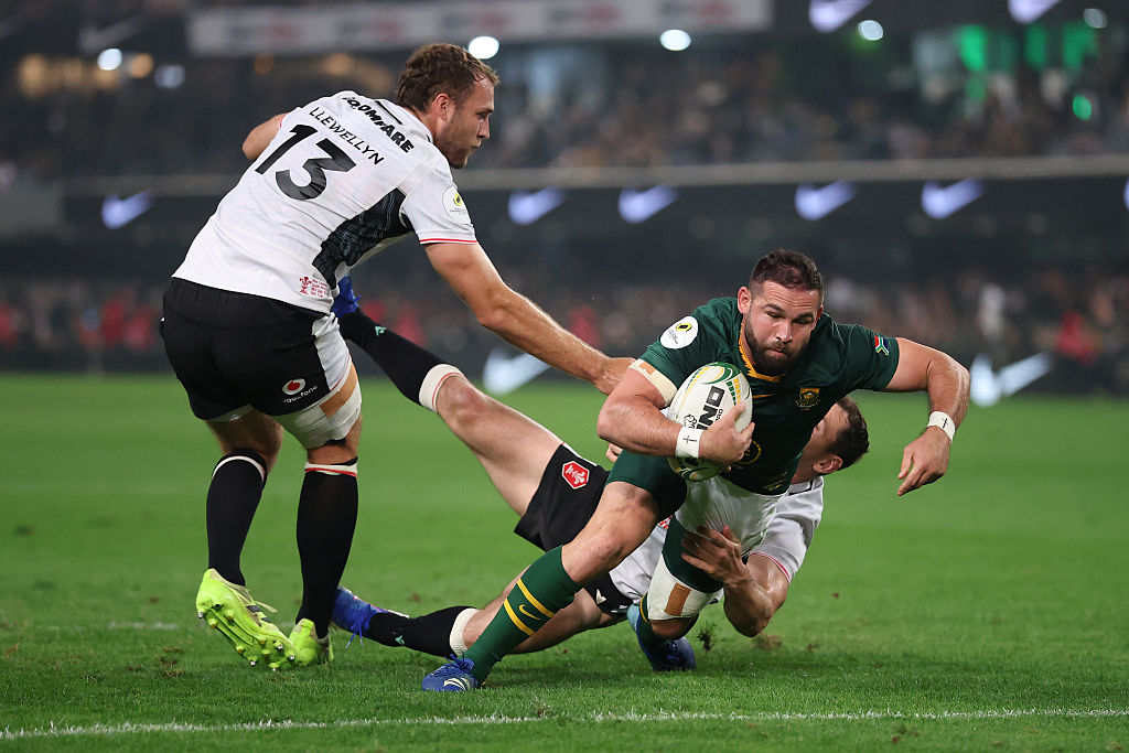 Cobus Reinach of South Africa scores his team's second try during the 2026 Nations Championship match between South Africa and Wales at Kings Park Stadium on July 18, 2026 in Durban, South Africa. (Photo by David Rogers/Getty Images)