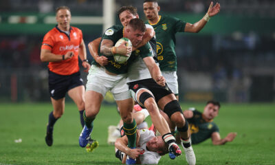 Malcolm Marx of South Africa is tackled by Alex Mann of Wales during the 2026 Nations Championship match between South Africa and Wales at Kings Park Stadium on July 18, 2026 in Durban, South Africa. (Photo by David Rogers/Getty Images)