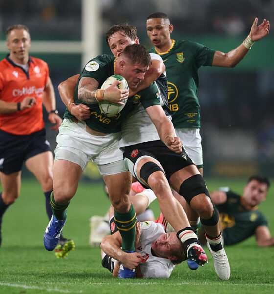 Malcolm Marx of South Africa is tackled by Alex Mann of Wales during the 2026 Nations Championship match between South Africa and Wales at Kings Park Stadium on July 18, 2026 in Durban, South Africa. (Photo by David Rogers/Getty Images)