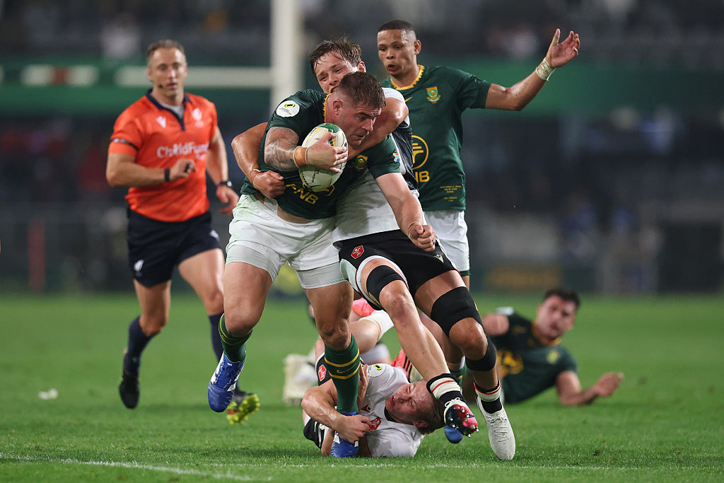 Malcolm Marx of South Africa is tackled by Alex Mann of Wales during the 2026 Nations Championship match between South Africa and Wales at Kings Park Stadium on July 18, 2026 in Durban, South Africa. (Photo by David Rogers/Getty Images)