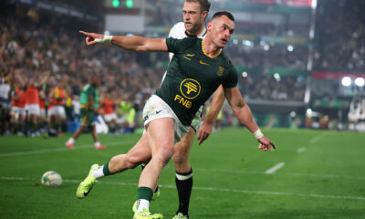 Jesse Kriel of South Africa celebrates after scoring their third try during the 2026 Nations Championship match between South Africa and Wales at Kings Park Stadium on July 18, 2026 in Durban, South Africa. (Photo by David Rogers/Getty Images)